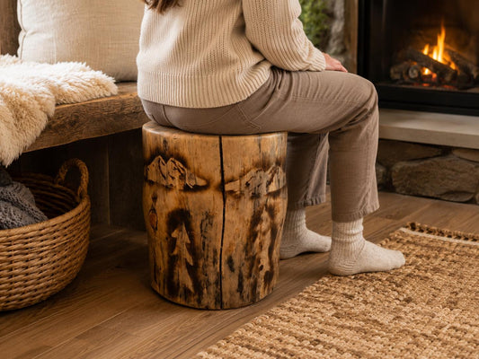 Handmade Torch-Burned Pine Wood Stump Table, Rustic Log Plant Stand, Cabin Decor Accent Furniture