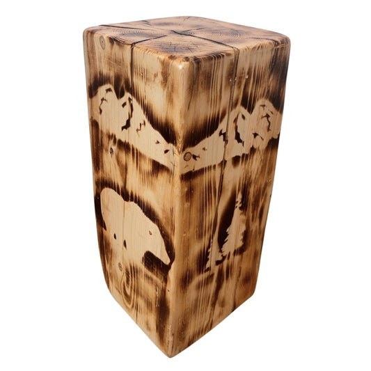 Handmade Spruce/Pine Torch Burned Stump Side Table, Solid Wood Woodland Decor Accent Table