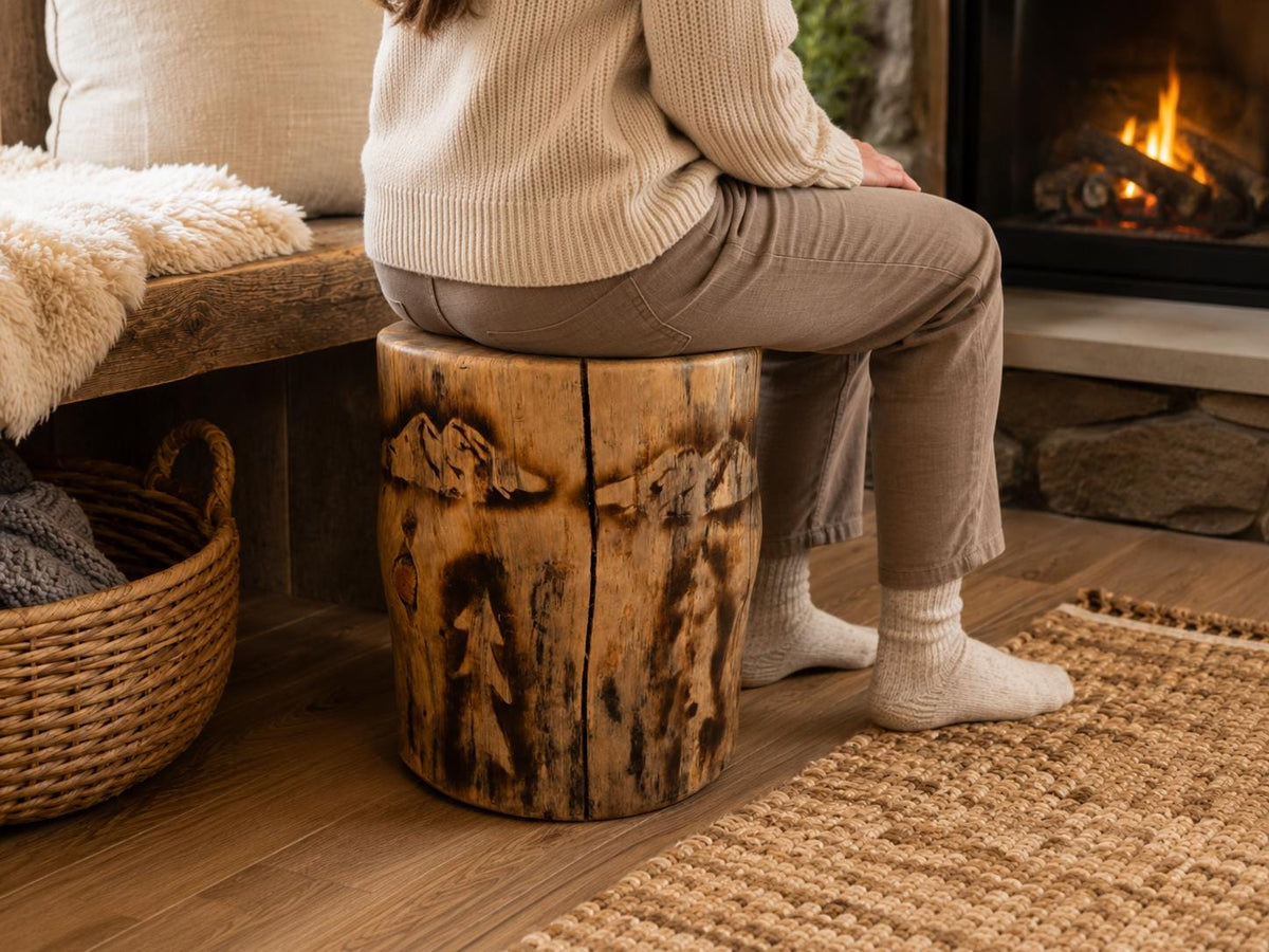 Handmade Torch-Burned Pine Wood Stump Table, Rustic Log Plant Stand, Cabin Decor Accent Furniture