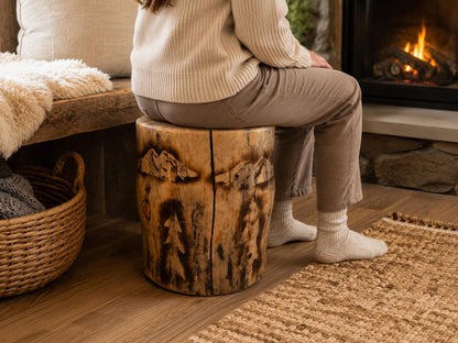 Handmade Torch-Burned Pine Wood Stump Table, Rustic Log Plant Stand, Cabin Decor Accent Furniture