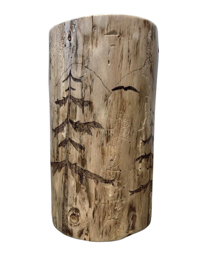 Woodland Scene Stump End Table, Hand-Burned Wood Plant Stand, Rustic Lodge Décor
