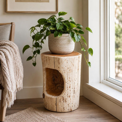 Cedar Stump Side Table with Hole, Rustic Plant Stand, Solid Wood Stool, Natural Lacquer Finish