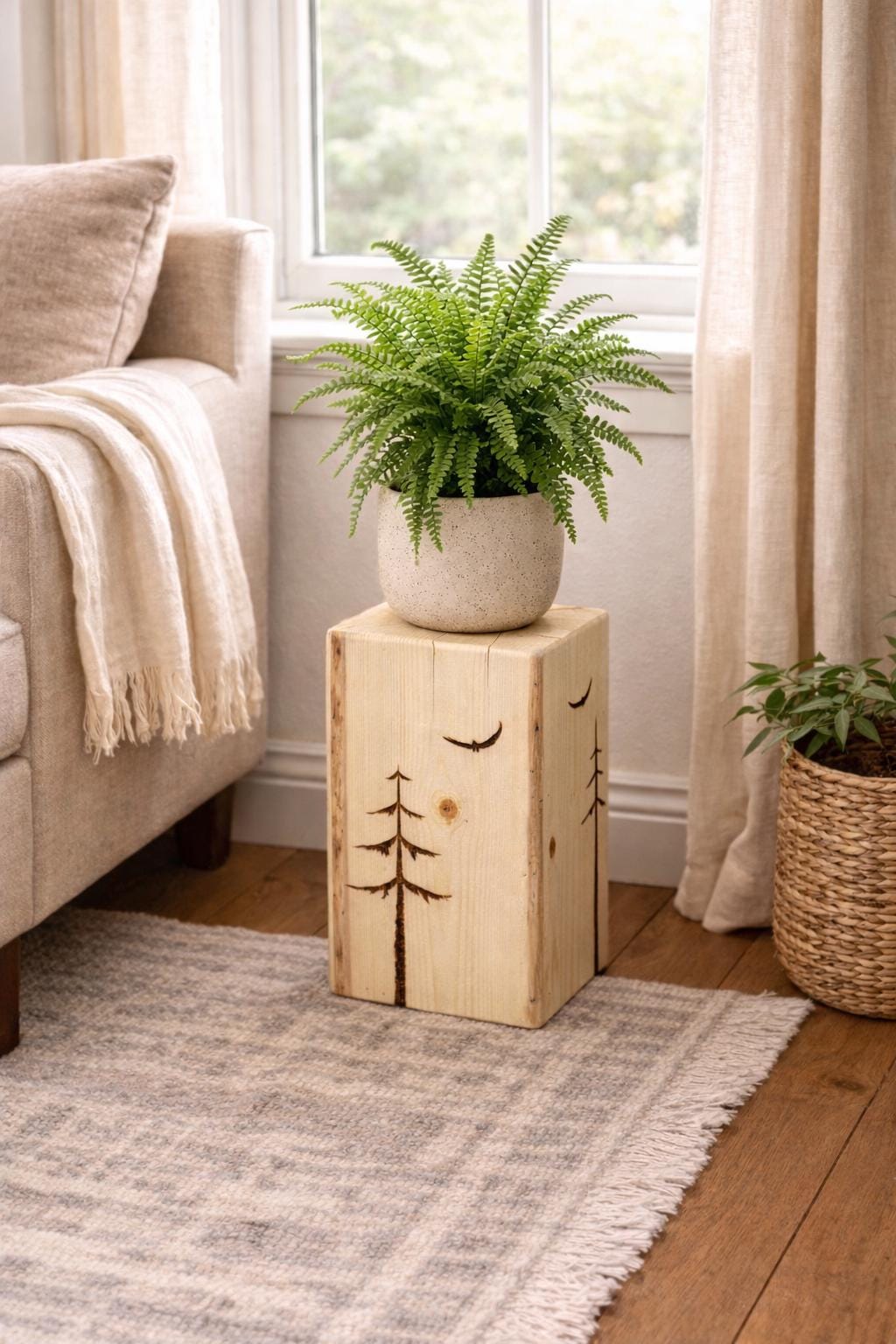 Square Spruce Stump Plant Stand, Wood-Burned Woodland Scene Side Table