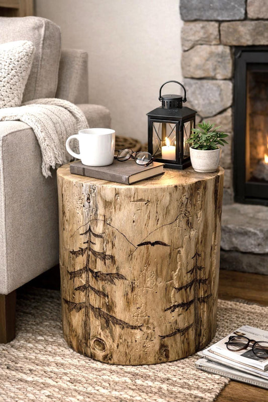 Woodland Scene Stump End Table, Hand-Burned Wood Plant Stand, Rustic Lodge Décor