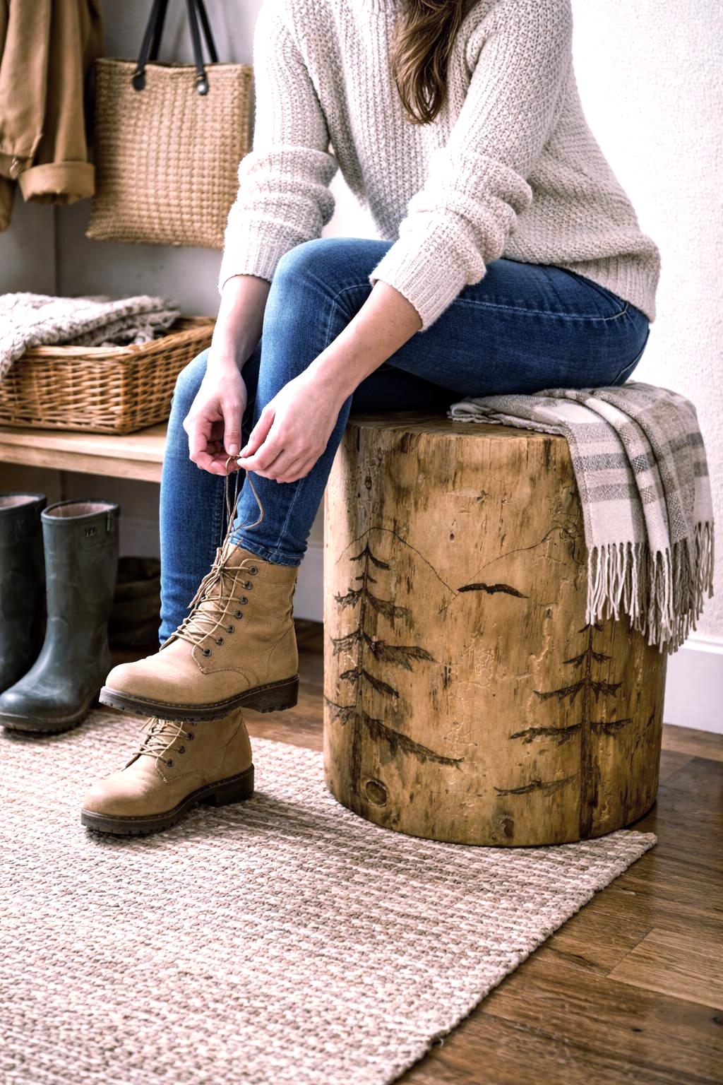 Woodland Scene Stump End Table, Hand-Burned Wood Plant Stand, Rustic Lodge Décor