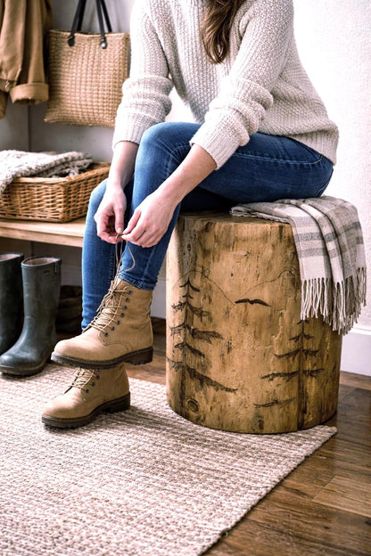 Woodland Scene Stump End Table, Hand-Burned Wood Plant Stand, Rustic Lodge Décor
