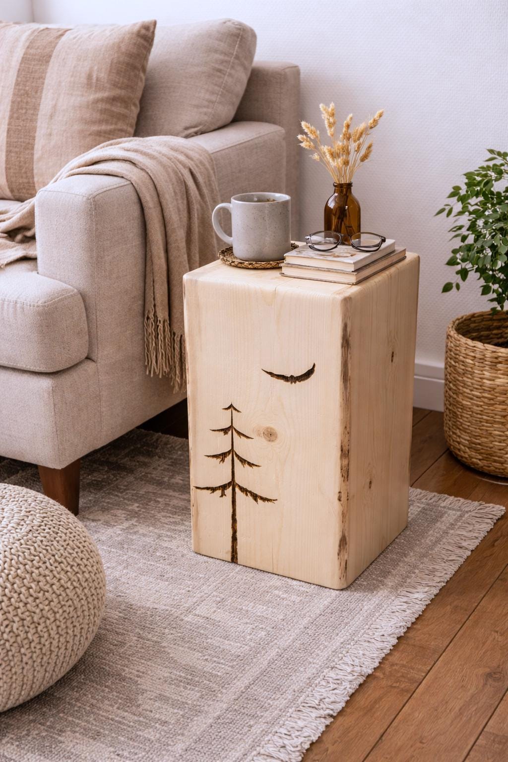 Hand-Burned Spruce Stump Side Table, Woodland Cabin Decor, Solid Wood Accent Piece