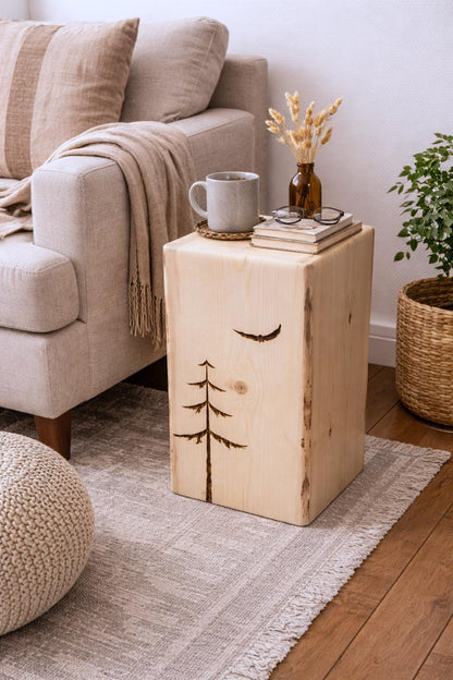 Hand-Burned Spruce Stump Side Table, Woodland Cabin Decor, Solid Wood Accent Piece