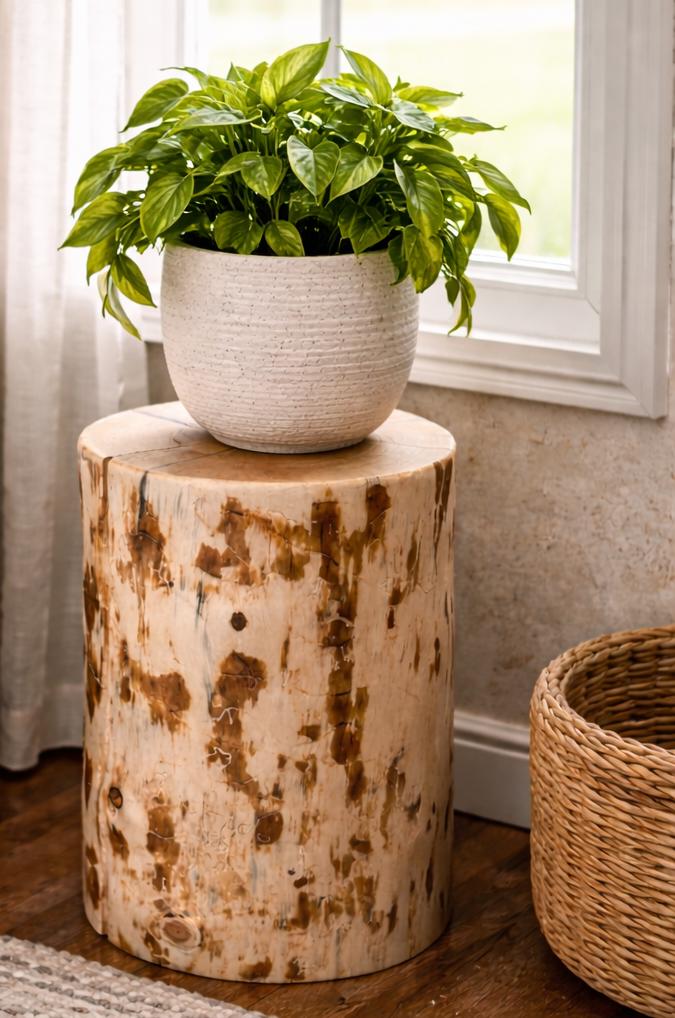 Solid Pine Wood Stump Side Table, Rustic Accent Plant Stand, Cabin Decor