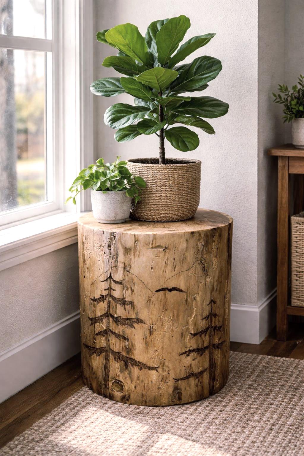 Handmade Wood-Burned Spruce Stump Plant Stand, Woodland Cabin Decor Accent Table
