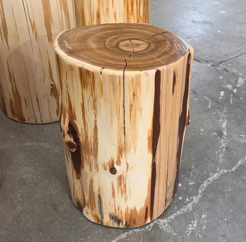 Cedar Stump Side Table, Rustic Plant Stand, Solid Wood Stool, Natural Lacquer Finish