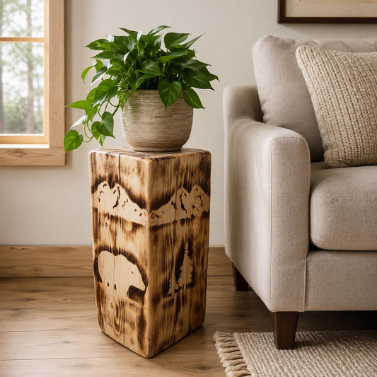 Square Spruce/Pine Torched Burned Stump Plant Stand, Rustic Woodland Cabin Decor Side Table