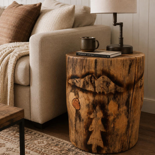 Handmade Torch-Burned Pine Wood Stump Table, Rustic Log Plant Stand, Cabin Decor Accent Furniture