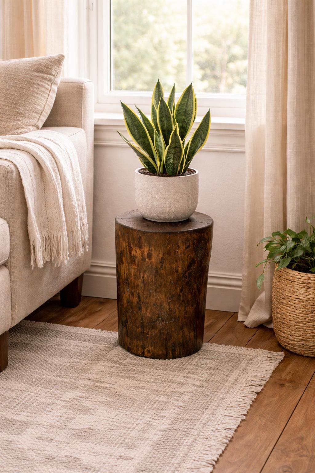 Solid Pine Wood Stump Side Table, Rustic Accent Plant Stand, Cabin Decor