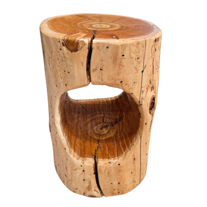 Cedar Stump Side Table with Hole, Rustic Plant Stand, Solid Wood Stool, Natural Lacquer Finish