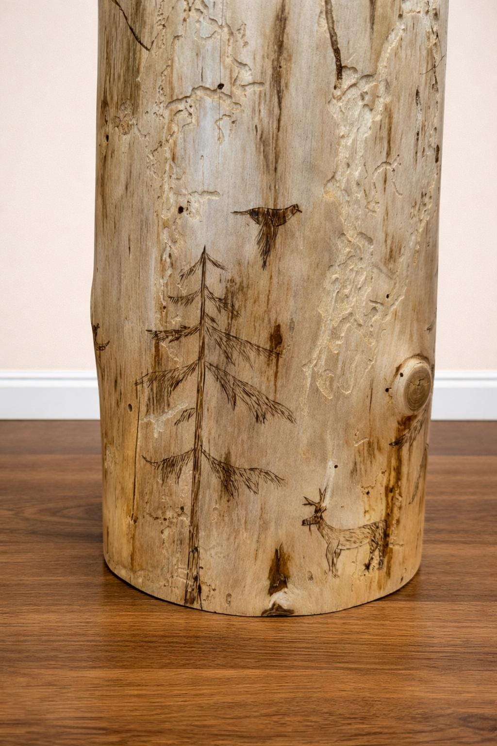 Handmade Wood-Burned Spruce Stump Plant Stand, Woodland Cabin Decor Accent Table