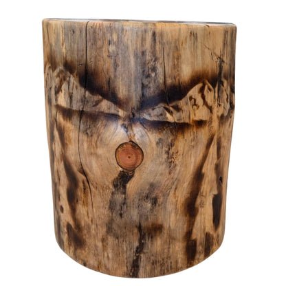Handmade Torch-Burned Pine Wood Stump Table, Rustic Log Plant Stand, Cabin Decor Accent Furniture