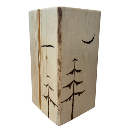 Square Spruce Stump Plant Stand, Wood-Burned Woodland Scene Side Table