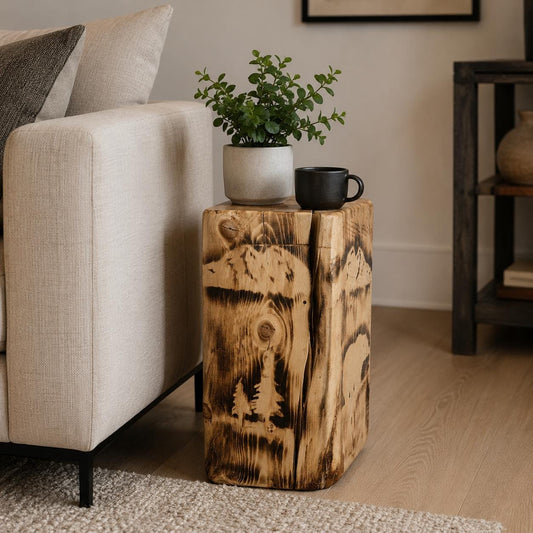 Handmade Spruce/Pine Torch Burned Stump Side Table, Solid Wood Woodland Decor Accent Table