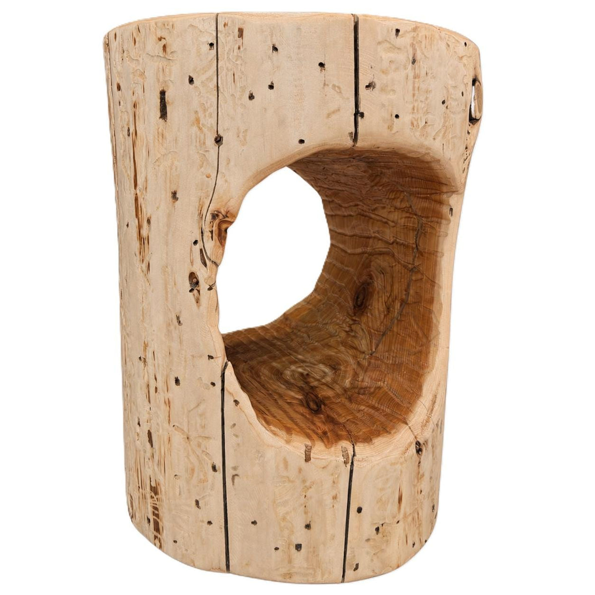 Cedar Stump Side Table with Hole, Rustic Plant Stand, Solid Wood Stool, Natural Lacquer Finish
