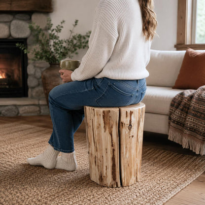 Cedar Stump Side Table, Rustic Plant Stand, Solid Wood Stool, Natural Lacquer Finish