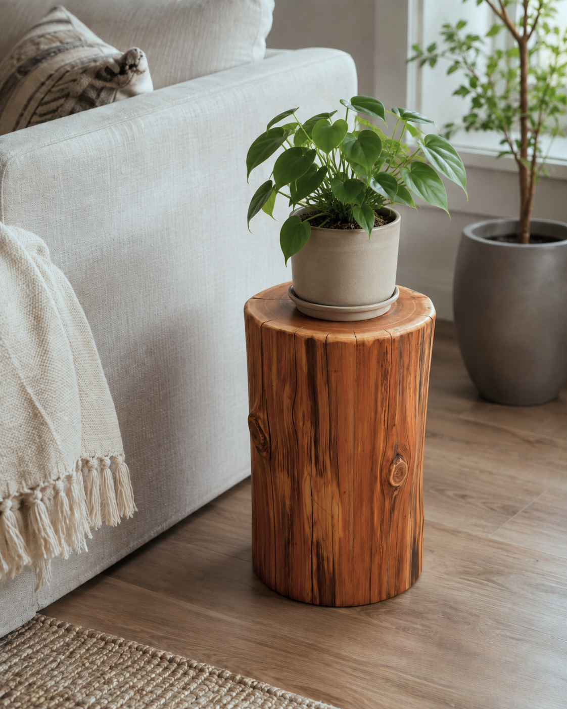 Cedar Stump Side Table, Rustic Plant Stand, Solid Wood Stool, Natural Lacquer Finish