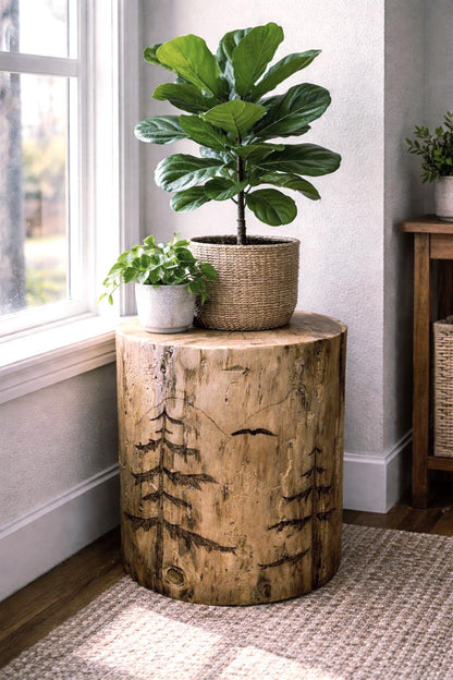 Woodland Scene Stump End Table, Hand-Burned Wood Plant Stand, Rustic Lodge Décor