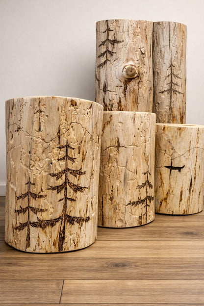 Handmade Wood-Burned Spruce Stump Plant Stand, Woodland Cabin Decor Accent Table