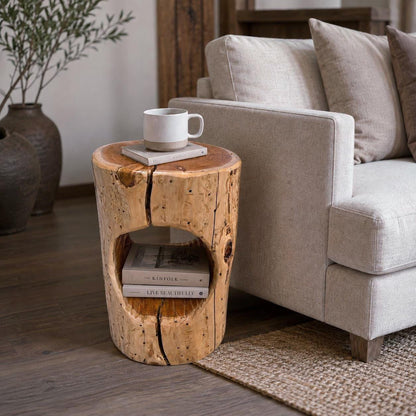 Cedar Stump Side Table with Hole, Rustic Plant Stand, Solid Wood Stool, Natural Lacquer Finish