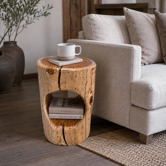 Cedar Stump Side Table with Hole, Rustic Plant Stand, Solid Wood Stool, Natural Lacquer Finish