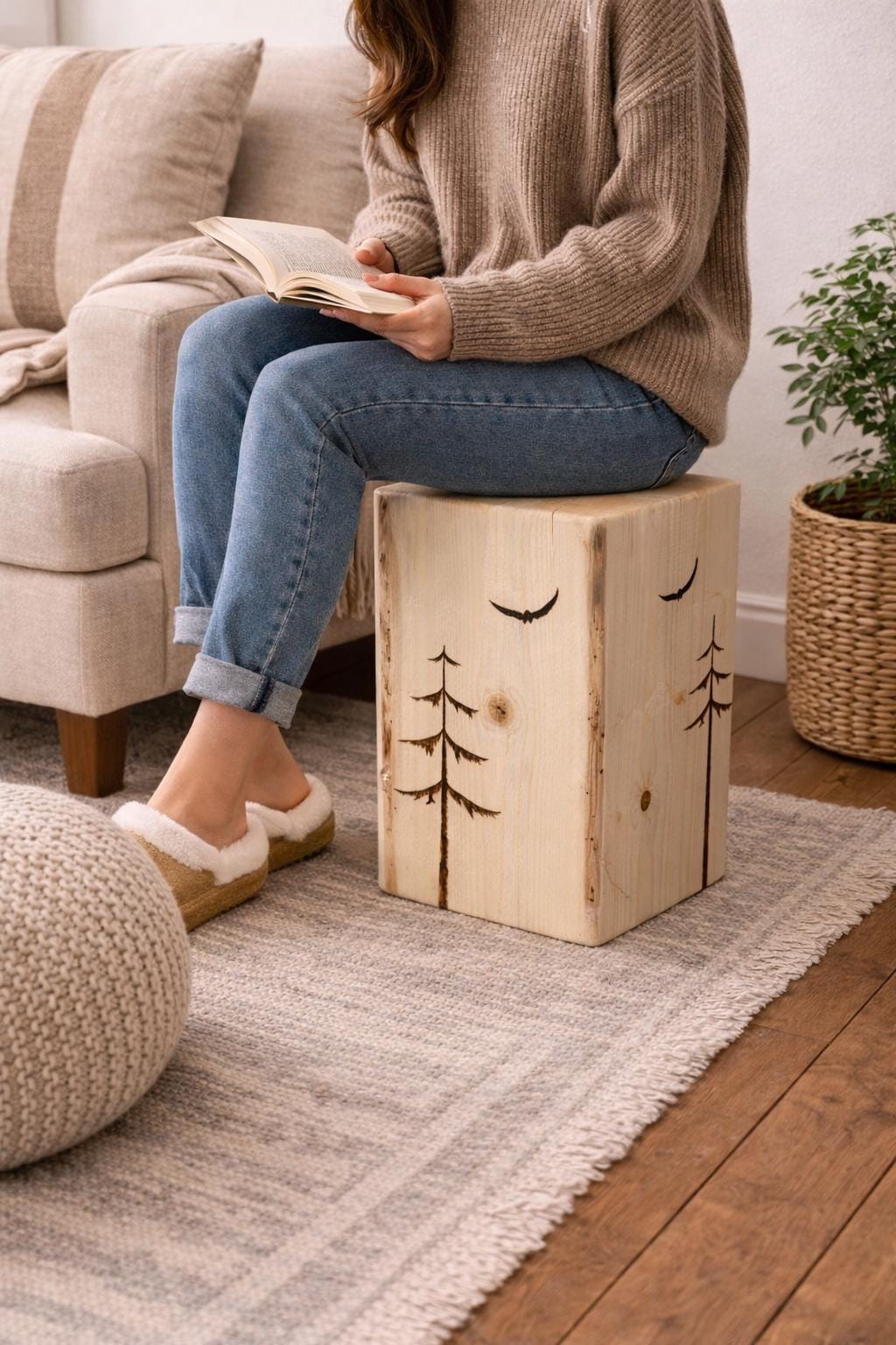 Hand-Burned Spruce Stump Side Table, Woodland Cabin Decor, Solid Wood Accent Piece