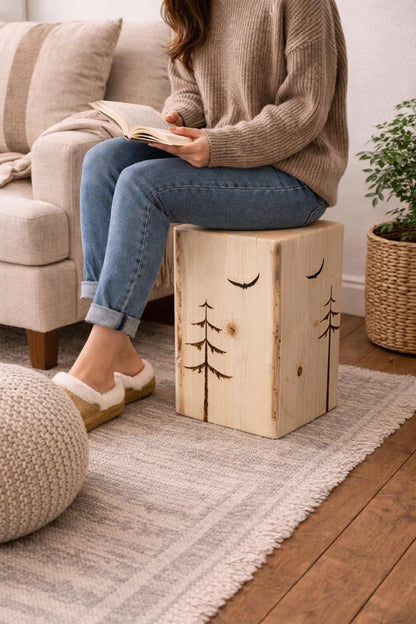 Hand-Burned Spruce Stump Side Table, Woodland Cabin Decor, Solid Wood Accent Piece