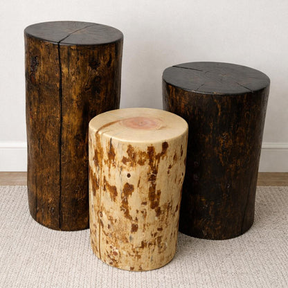 Solid Pine Wood Stump Side Table, Rustic Accent Plant Stand, Cabin Decor