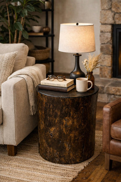 Handmade Pine Wood Stump Side Table, Rustic Log Plant Stand, Cabin Decor Accent Furniture