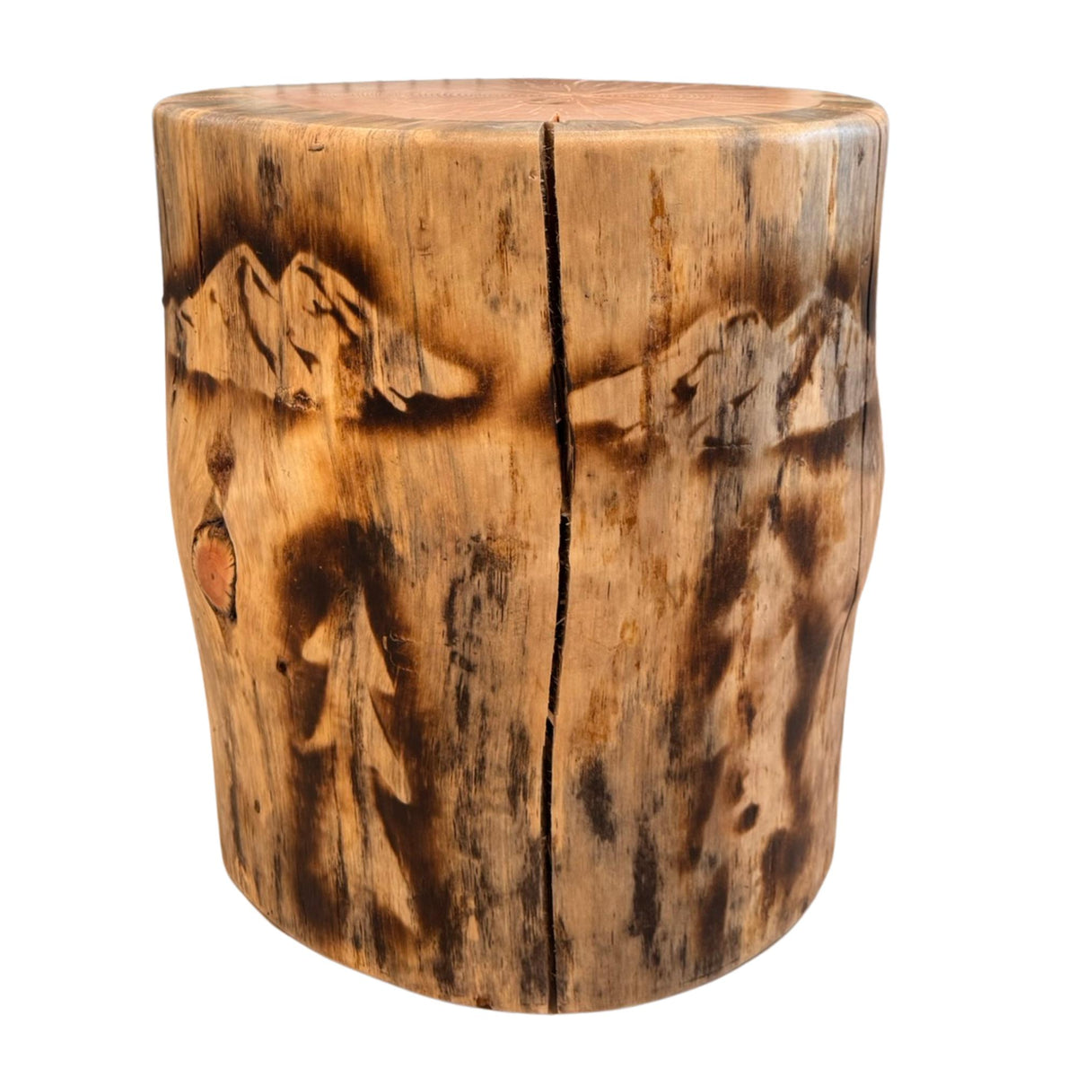 Handmade Torch-Burned Pine Wood Stump Table, Rustic Log Plant Stand, Cabin Decor Accent Furniture